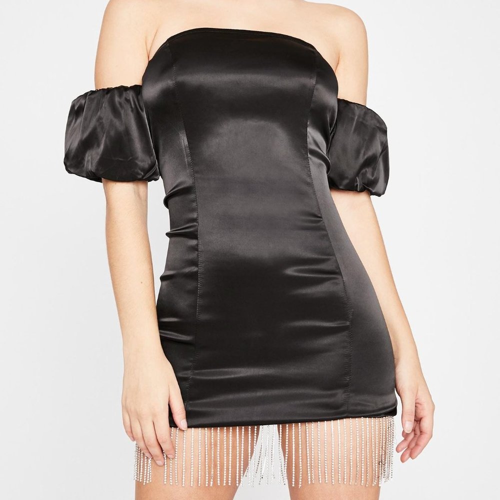 🎃Dolls Kill Satin Fringe Trim Dress Black Large